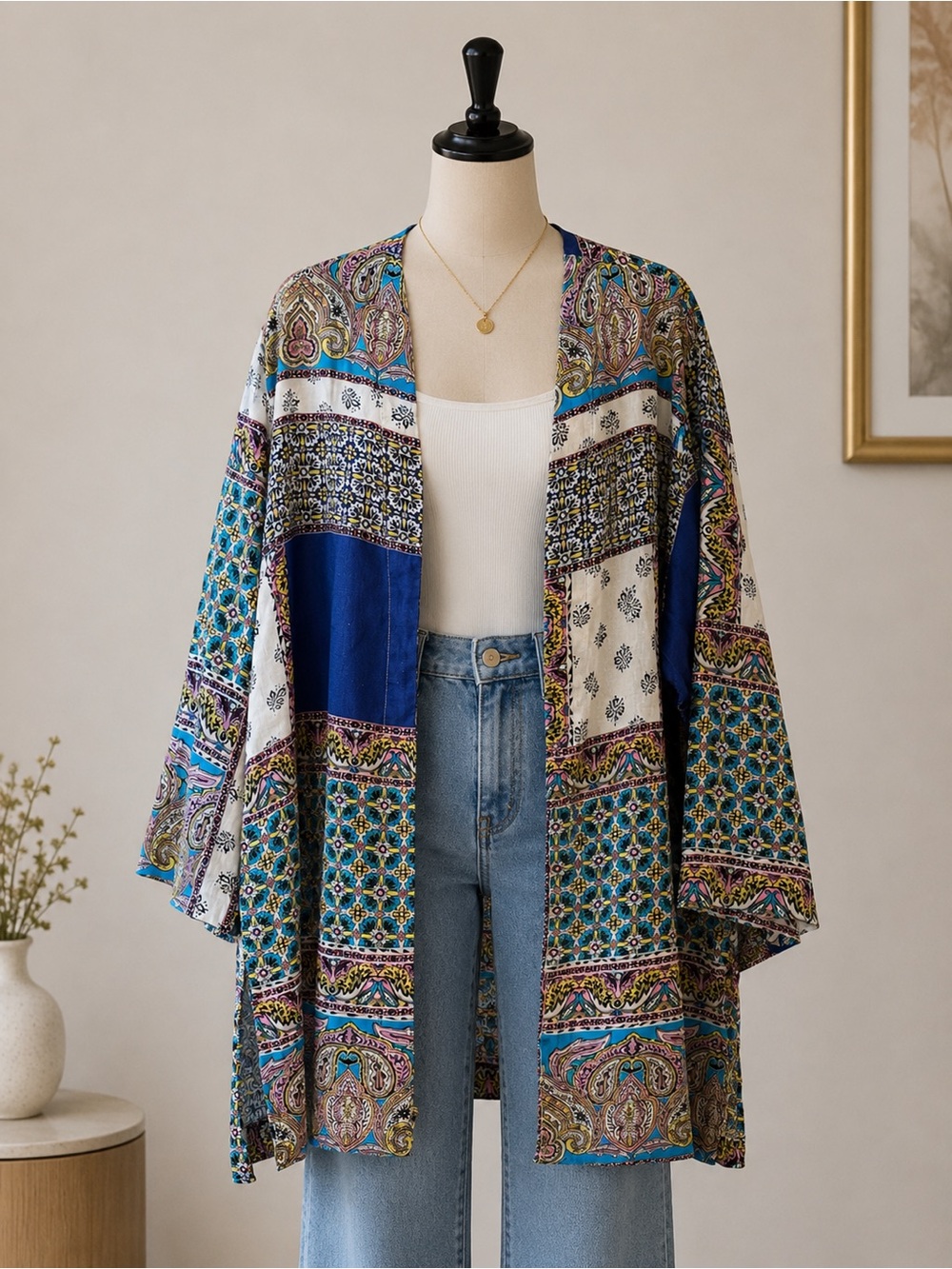 Chico’s 100% Linen Boho Kimono| Lightweight Open Front Patchwork XXL